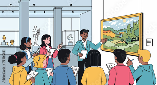 Group Enjoying A Guided Tour At The Art Museum In Cartoon Style