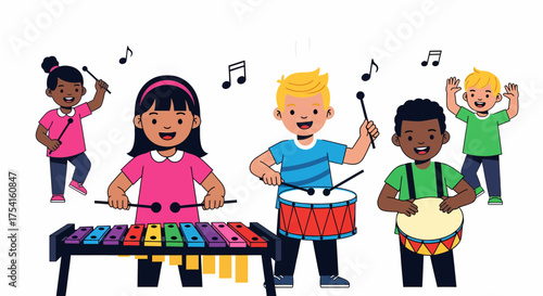 Group Of Kids Having Fun And Playing Musical Instruments Together