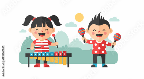 Happy Children Enjoying Music With Xylophone And Maracas Flat Vector