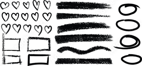 Handdrawn vector elements hearts, rectangles, lines, and circles in a sketchy, doodle style for design accents and creative projects