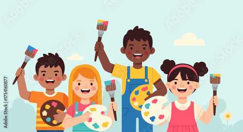 Happy Children Engaged In Drawing And Painting Creative Activities