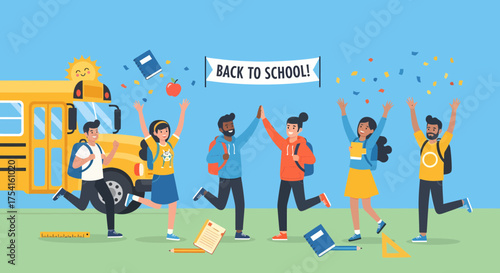 Joyful Students Celebrating Back To School With Schoolbus And Confetti