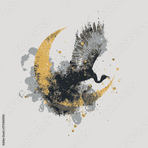 Stylized grunge illustration of a majestic bird with spread wings soaring against a golden crescent moon, artistic splatter design in black, gold, and gray.