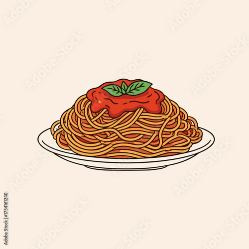 Spaghetti with tomato sauce and basil on plate, vector