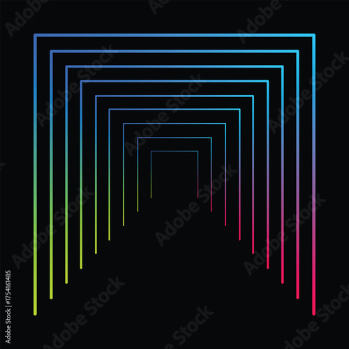 Abstract glowing geometric tunnel with colorful neon lights receding into darkness