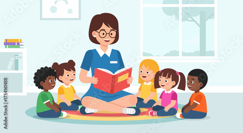 Teacher Reads Story To Group Of Preschool Children In A Classroom