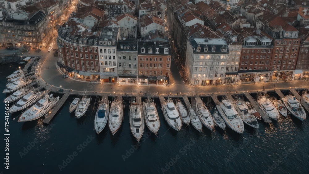 Fototapeta premium Aerial view of luxury yachts docked in a European harbor at dusk.