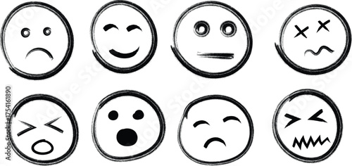 Handdrawn emoticons a collection of expressive faces with various emotions in a sketchy, doodle style for digital communication