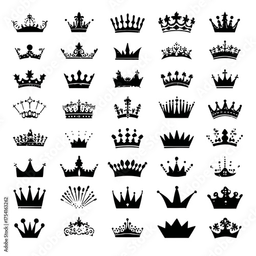 Vector collection of diverse crown silhouettes, royal symbols, and regal headwear. Black graphic elements for luxury, power, and success designs.