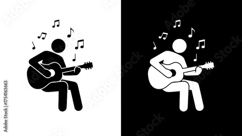 Silhouette Vector of Person Playing Guitar with Music Notes in Minimal Black and White Design