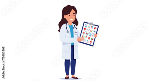 Friendly female doctor in a white coat with a stethoscope holding a clipboard with various medical service icons for a health checkup