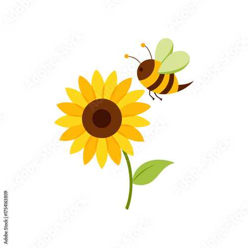 Bee Flying Around a Sunflower Vector Art