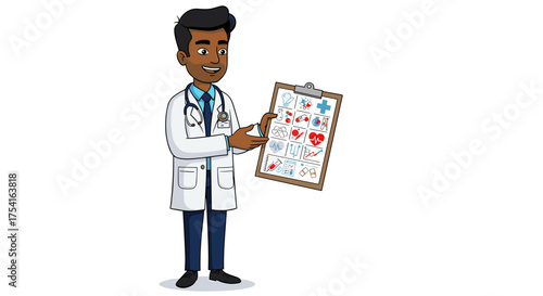 A friendly, expert doctor illustrating diverse medical concepts and comprehensive healthcare services on a clipboard, providing clear guidance for your well-being