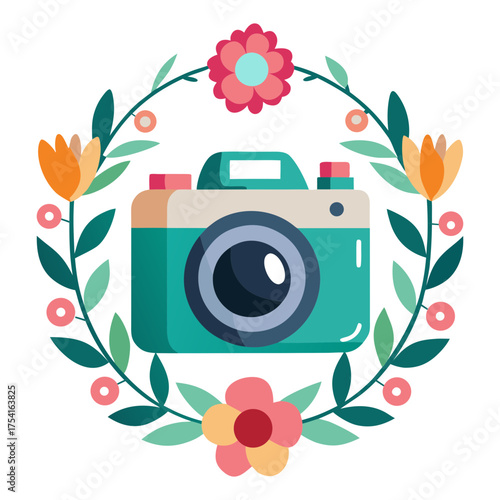 Camera with Floral Frame Vector Art