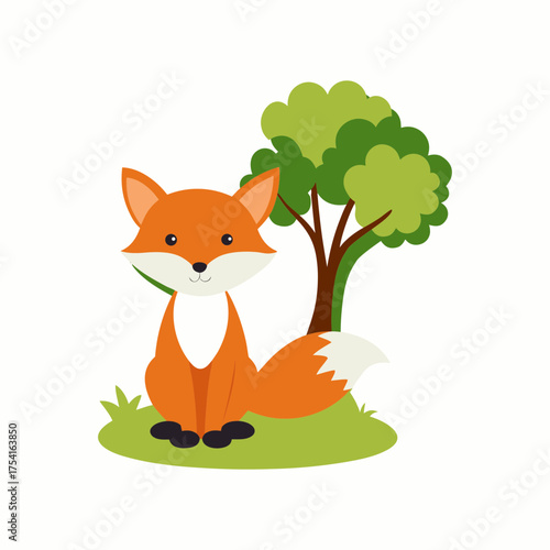 Cute Fox Sitting Under a Tree Vector Art