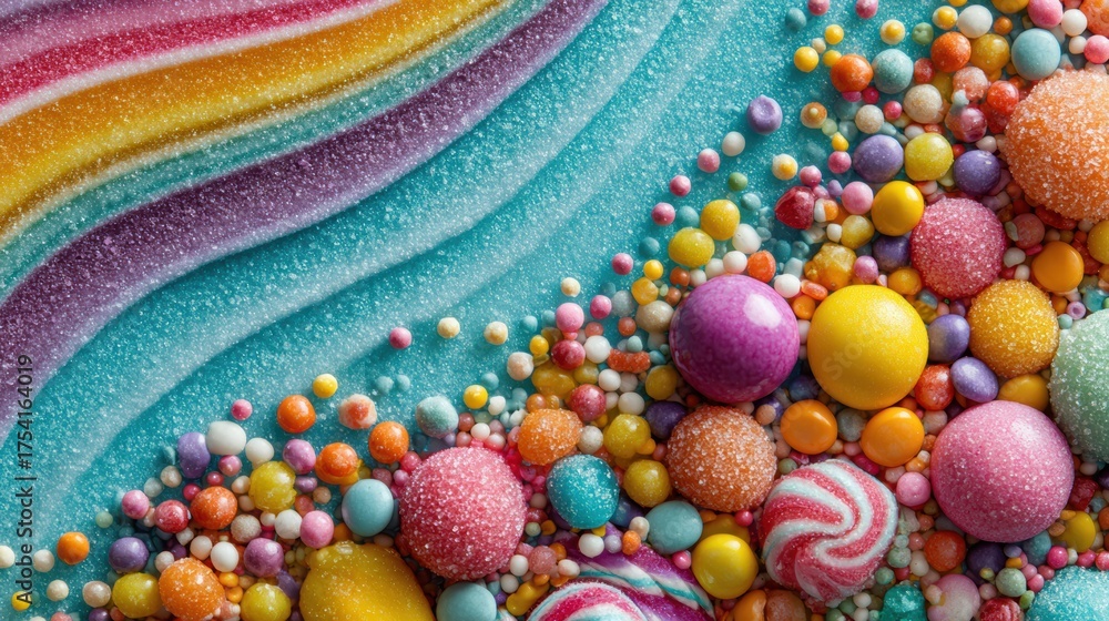 Fototapeta premium Colorful, vibrant assortment of confectionery and decorative sugar art displayed in vivid patterns and textures.