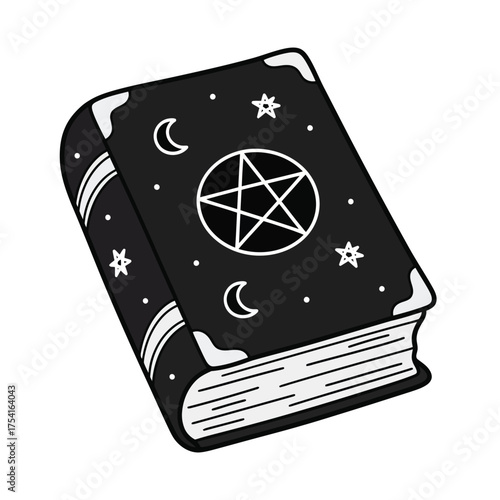 Mystical Black Book with Pentagram and Moon Symbols, Magic Spell Book