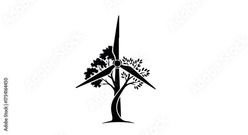 Wind turbine integrated with a growing tree symbolizing renewable energy and nature.