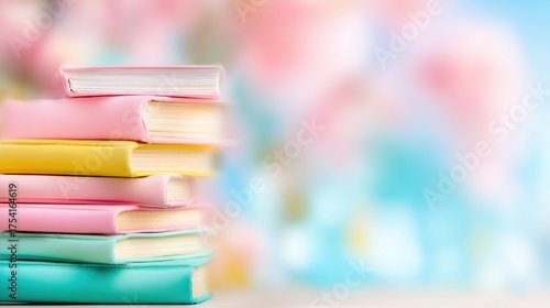 Colorful stacked books on a blurred background of pastel colors