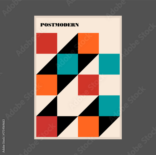 Poster inspired postmodern of vector abstract dynamic symbols with bold geometric shapes, useful for web background, poster art design, magazine front page, hi-tech print, cover artwork
