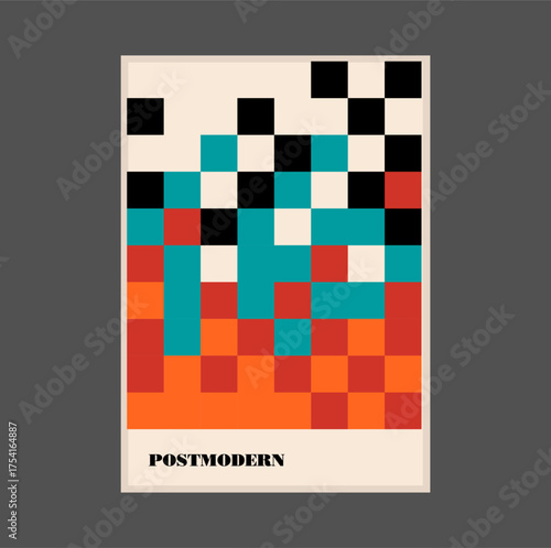 Poster inspired postmodern of vector abstract dynamic symbols with bold geometric shapes, useful for web background, poster art design, magazine front page, hi-tech print, cover artwork
