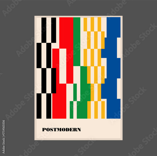 Poster inspired postmodern of vector abstract dynamic symbols with bold geometric shapes, useful for web background, poster art design, magazine front page, hi-tech print, cover artwork