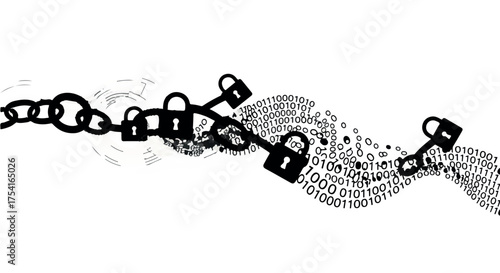 Digital chain links transforming into binary code with secure locks, symbolizing data security and blockchain.