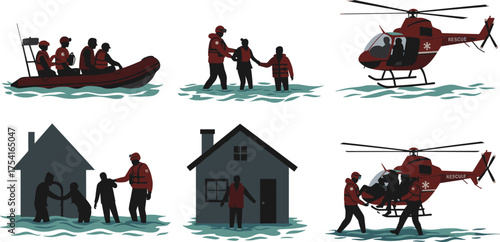 Flood rescue team helping people with boat and helicopter during natural disaster emergency relief operation, humanitarian aid and safety illustration vector