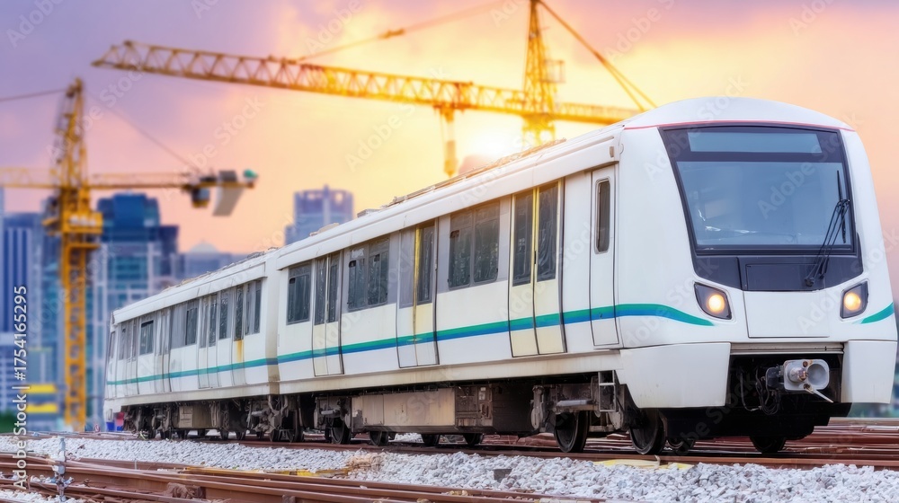Fototapeta premium Modern train passing by construction site at sunset in urban city