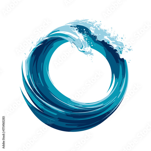 Dynamic blue water wave in a circular shape with splash. Abstract ocean current icon, marine motion symbol, aquatic element illustration.
