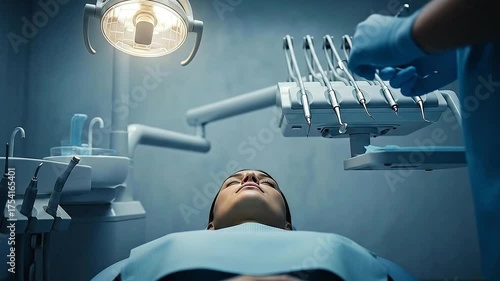 Dental Exam Setting Awaits Patient Under Bright Light In Examination Room With Blue Tones And Various Tools Prepared Ready For Procedure Doctor Attending Medical Background