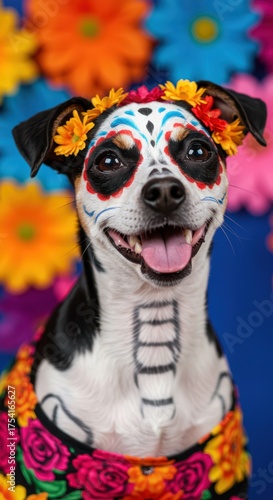 Chihuahua dog with calavera face paint and colorful paper flowers on deep blue background. Day of the Dead celebration. Mexico holiday tradition concept. Dia de los Muertos.	
