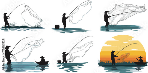 Traditional Fishing Techniques with Rod and Net in Coastal Scenes Featuring Sunset, Fisherman Action, Boat, and Catch Moments Vector Art