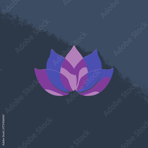 Elegant flat design lotus flower illustration in vibrant purple and blue hues on a dark background, symbolizing purity, meditation, and peace.