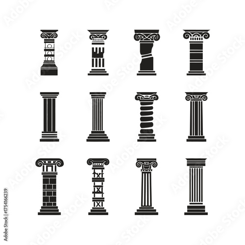 Classical architectural columns vector silhouettes set. Ancient Greek and Roman style pillars, antique building elements collection.