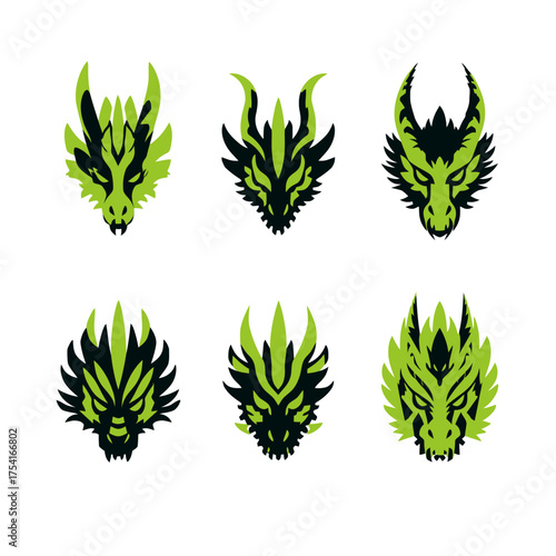 Set of six stylized green and black dragon heads, mythical fantasy creature icons, fierce beast vector illustrations for design.
