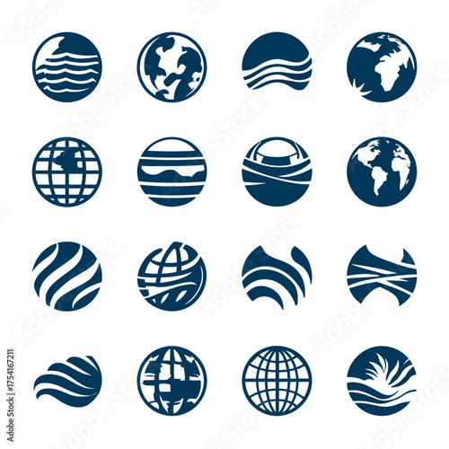 Collection of global world map and abstract wave circle icons. Earth, environment, communication, and business symbols in dark blue.