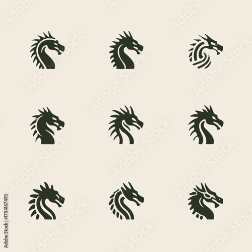 Stylized Dragon Head Icons Set. Mythological Fantasy Creature Profiles. Graphic Logo Designs for Gaming, Branding, and Digital Art.