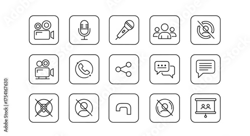 Video conference and online meeting line icon set. Virtual communication symbols for webinar and streaming. Includes camera, microphone, chat, share screen, presentation, mute.