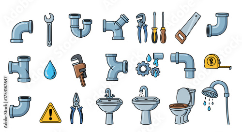 Plumbing repairs tools and fixtures vector icons set with pipes, faucets, wrench, saw, toilet, shower, water droplets, tape measure, warning sign and gears for plumbing service concept