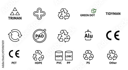 Set of Eco-Friendly and Recycling Symbols Vector Icons, Green Dot, CE Mark, HDPE, PVC, PS, Packaging Labels, Environmental Certification, Sustainable Packaging Design