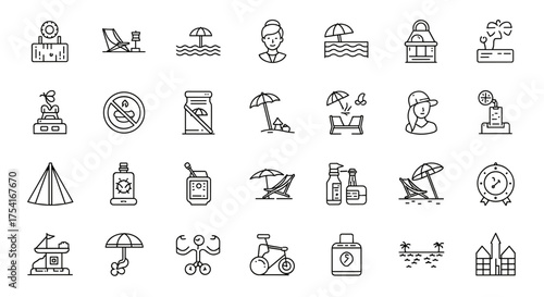 Thin Outline Beach Umbrella, Deck Chairs, Sunscreen, Tropical Resort Icons Set, Summer Vacation, Relaxation, Outdoors, Sun Protection, Travel and Leisure, Nature Elements Collection