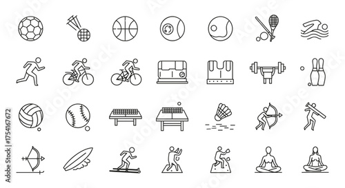 Sports and recreation line icon set. Vector symbols for fitness, active lifestyle, and games. Soccer, basketball, cycling, yoga, running, swimming, tennis, weightlifting, archery.
