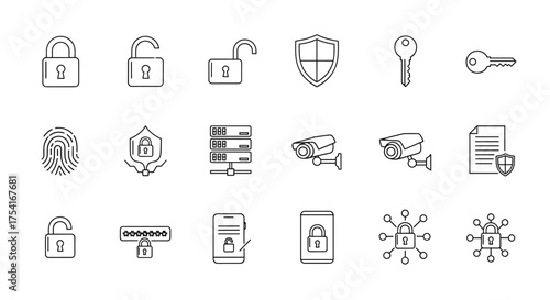 Security linear icons. Cybersecurity and data protection. Vector outline icon set. Padlock, key, shield, fingerprint, password, access. CCTV, surveillance, server, network security.