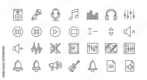 Audio Music Icons Set, Vector Line Art Symbols for Sound Equipment, Sound Control, Music Streaming, Play, Pause, Volume and DJ Elements Collection
