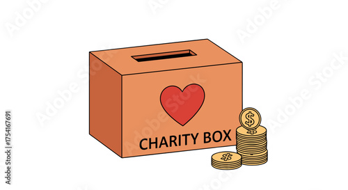 Charity donation box with heart symbol and stacked coins, fundraising concept for charity, giving money, philanthropy, volunteer donation container, support and help
