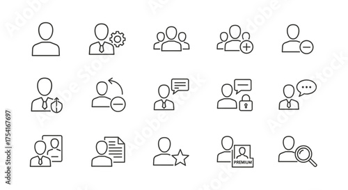 User Account and Profile Management Vector Icons Set for Business, Social Media, User Settings, Communication, Profile Updates, Privacy, and Premium Features in Modern Line Style