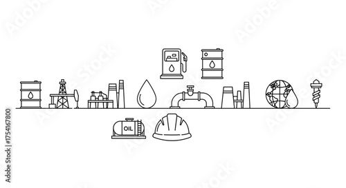 Oil industry vector icons set with drilling rigs, fuel storage tanks, refinery plants, pipeline valves, oil drops, gas pump, hard hat, and global environmental concept line art