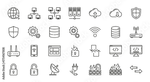 Technology and network line icon set. Vector symbols for web, internet, server, hosting, cloud computing, data security, database, firewall, and programming. Thin line pictograms.