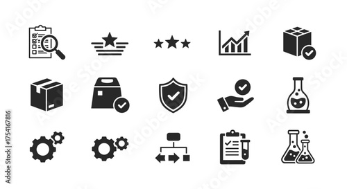 Quality control and business process icon set. Inspection, analysis, and verification symbols. Logistics, delivery, rating, and guarantee signs. Workflow, research process icons.